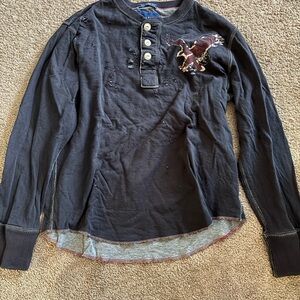 Black Kids Henley Shirt with Embroidered Design